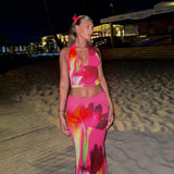 Hanging Neck Print Umbilled Blouse 2025 Summer New Tight-Up Bag Hip Skirt Suit Woman DJPT