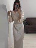 Women's Clothing 2025 Autumn New Long Dress Temperament Loose Metal Decoration V Tie With Dress