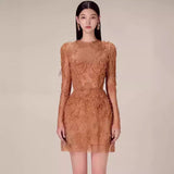 And Summer Lace Dress Long-Sleeved Three-Dimensional Petals Curry Short Skirt