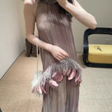 Production Of 25 Spring And Summer Seven-Summer Feathers Decorated Hanging Neck Strapped Sleeveless Dress
