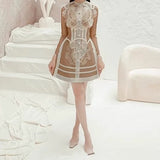 2025 Lace Water-Soluble Flower Hollow Dress Long Sleeve Brown Short Skirt