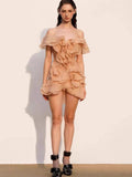 And Summer 2025 Spring And Summer Petal Lotus Leaf Side Shoulder Dress V Collar Short Skirt