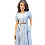 Solid-Color V-Neck Short-Sleeved Multi-Button Belt Casual Dress In Autumn 2025