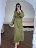 Long-Sleeved Dress 2024 Summer Cold Feeling With Belt V-Neck Zen Style Dress