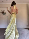 Sexy Yellow Acetate-Sing Slanted Hanging Neck Dress Summer Temperament Thin Back Dress Dress
