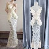 Design Feeling Heavy Industry Wrinkled Blouse Squint Fishtail Skirt High-End Two-Piece 2024 New