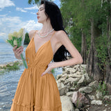 Sanya Beach Dress Women's Slings Ribbons With Back V-Neck Dress Temperament High-Rise Lanky Skirt