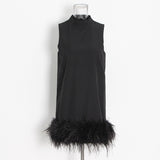 Version Of The Simple Name Wind 2025 Summer Round Collar Sleeveless Short Female Solid Color Hem Ostrich Hair Splicing Dress