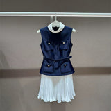 New Blue And White Collar Collar Fake Two Sleeveless Dress Temperament Famous Wind Thin Short Dress 2025 Summer