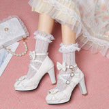 Sweet Bow Lolita Lace Candy Shoes Coarse Heel Single Shoes 32-43 Shoes High Quality Shoes