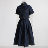 Summer New Collar Short-Sleeved Shirt + High Waist Long Skirt Lace Embroidery Two-Set Suit Woman