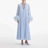 2025 Cuffed Ostrich Hair Decoration Dress Neck Collared Diamond Dress