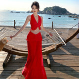 Style Sexy Hottie Suit Female V-Neck Hanging Neck Sling Vest High-Waisted Long Skirt Two Sets