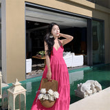 Tourism Photo Fairy Dress Rose Red Deep V Collar Bare Back Sling Dress Sanya Seaside Beach Dress Girl