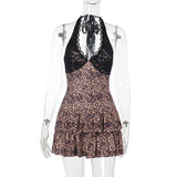 Lace Leopard Splicing Hanging Neck Ultra-Short Sexy Panties Summer Vacation Babes Shorts DJPT