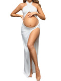 Pregnant Woman Photo-Dragging Cross-Collar Fork Sexy Open Umbilked Solid Color Thin Dress Maternity