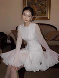 2025 Long-Sleeved Dating Dress Lotus Edge Cut Dress White Short Dress