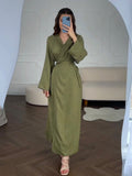 Long-Sleeved Dress 2024 Summer Cold Feeling With Belt V-Neck Zen Style Dress