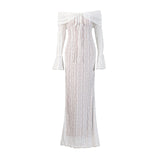 Temperament French Retro Wind Tailing Dress 2025 Summer Season New Word Shoulder Long-Sleeved Lace Hollow Dress