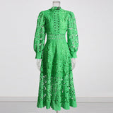 Temperament Elegant Lace Dress 2025 Summer New Bubble Sleeve Long Sleeve Embroidered Dress Woman