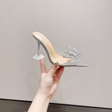 Fashion Pointed Shallow Side Empty Toe Transparent Water Drill Bow Glass And Sandals Woman High Quality Shoes