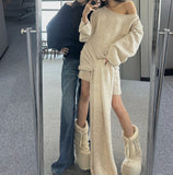 Sanguan With The Same Gentle White Tea Lazy Version Of The Loose Knitted Shirt Shoulder Dress Shoulder