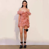 And Summer 2025 Spring And Summer Petal Lotus Leaf Side Shoulder Dress V Collar Short Skirt