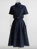 Summer New Collar Short-Sleeved Shirt + High Waist Long Skirt Lace Embroidery Two-Set Suit Woman