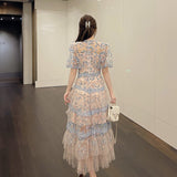 Summer Collar Splicing Flower Mesh Embroidery Cake Dress Dress