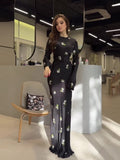 Fashion Summer Long Sleeve Fashion Round-Neck Ice Silk Breathable Flower Print Lady Dress