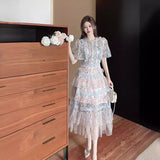 Summer Collar Splicing Flower Mesh Embroidery Cake Dress Dress