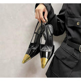 Forest Golden Iron Head Fine Heel Sandals Woman Black Mirror Behind The Empty Square High Heels High Quality Shoes