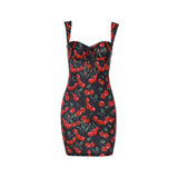Spring 2025 New Short Dress Small Scented Style Elegance Cherry-Print Suspension Dress DJPT