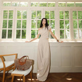 Sanguan 25 New Apricot-Color Collar Top + Wide-Legged Tug Trousers Casual Set