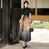 Design Blazed Gold Chinese Style Improvement Han Element Women's Short-Sleeved Top Skirt Dress Set 7065