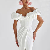 Women's High Open Commuting Dinner Dress A Word Shoulder Dress With Chest Lotus Leaf Side Dress