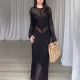 Women's Autumn Round-Collar Knitted Long Dress High-Waisted Waist-Coated Dress