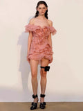 And Summer 2025 Spring And Summer Petal Lotus Leaf Side Shoulder Dress V Collar Short Skirt