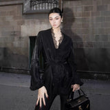 Sanguan Black V-Neck Long-Sleeved Lace Shirt Female New High-End Temperament Retro Bottoming Top