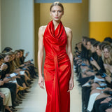 Temperament Sexy Dress 2025 New Fashion Show-Back High-End Autumn And Winter Solid-Colored Long-Tail Dress Dress Dress Woman