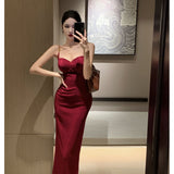 Temperament Red Sling Dress Women's Summer High-End Repair Open Fork Sexy Ass Long Dress