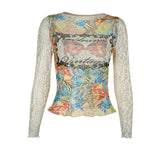 Autumn 2025 New Women's Clothing Vintage Quality-Renovined Print Mesh T-Shirt Woman DJPT