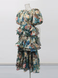 Retro Court Dress 2025 Summer New Multi-Layer Lotus Side Bubble Sleeve Print Dress Dress Woman