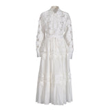 Summer New Fashion Collar Embroidered Water-Soluble Flower Hollow Shirt + Strapping Rope Skirt Dress Suit Woman