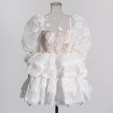 Version Of The Women's Group Wind 2025 Summer New Heavy Industry Bubble Sleeves Embroidered With Leaves Side Short Women's Dress