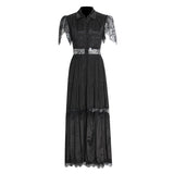 Black Rose Lace Stitched 2025 New Women's Summer Collar Short-Sleeved Long Solid Dress