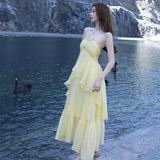 New Niche Design High-End Tea Break French Seaside Holiday Yellow Hanging Neck Dress