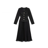 Luxury Black Little Fragrant V-Neck Blouse In The Fall Of 2024, The New Temperament Of The 100-Folded Skirt Two-Set