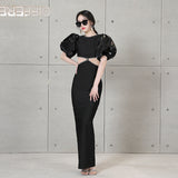 Round Collar Bubble Sleeve Nail Beads Hollow Bow Dress Sexy Bare Back Bandage Dress