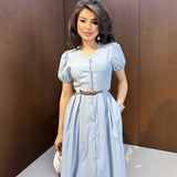 Solid-Color V-Neck Short-Sleeved Multi-Button Belt Casual Dress In Autumn 2025